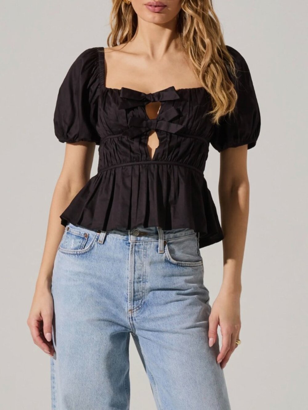Black Bow Front Peplum Goth Puff Sleeve Romantic Cottagecore Coquette Y2K Size M
